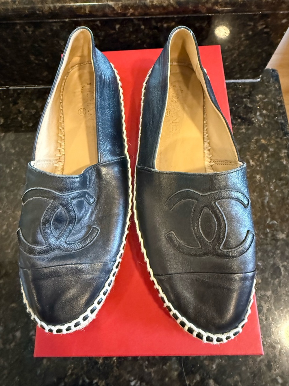 Authentic Chanel Black Leather Espadrille Flats